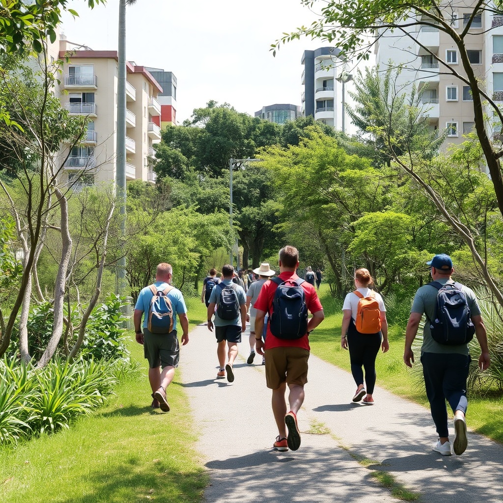 Pessoas a caminhar e alongar-se